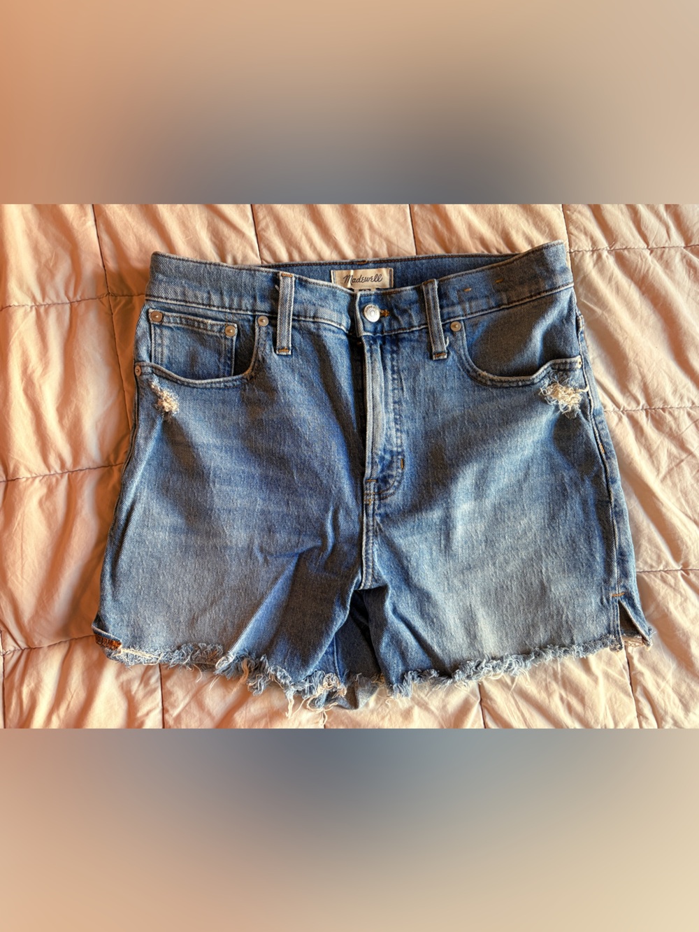 Madewell the perfect mid length jean short distressed